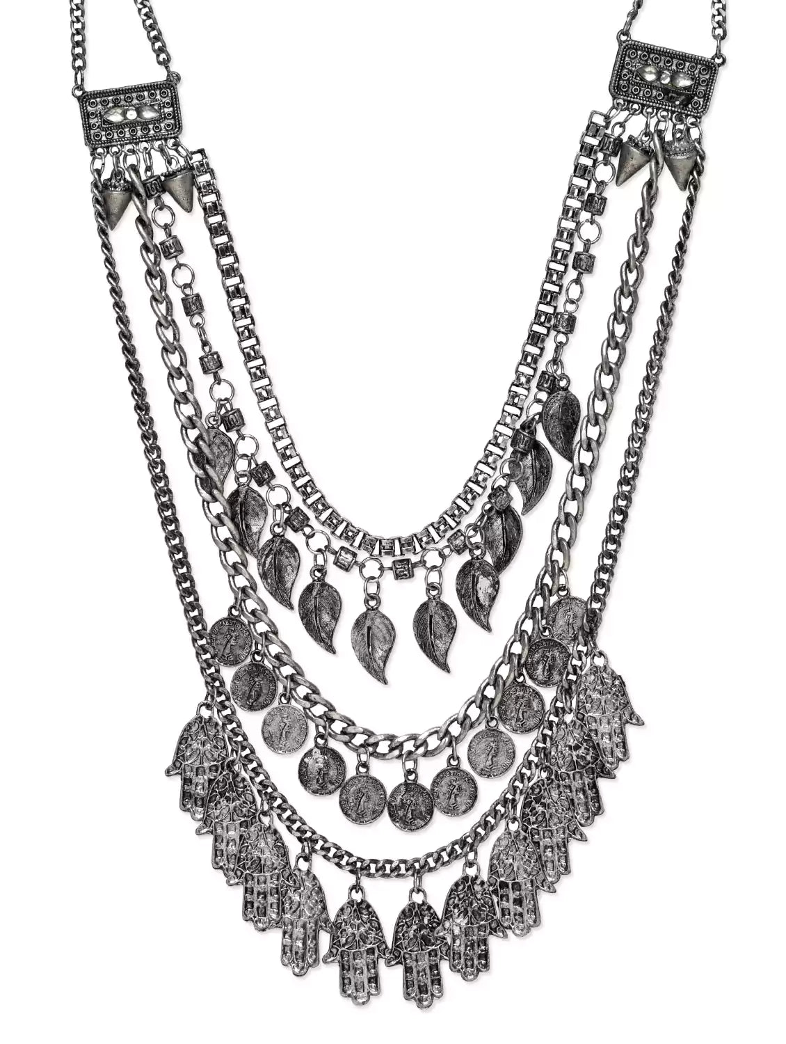 Silver-Plated Alloy Multi Layer Silver Oxidised Necklace - The Pari | Swadesiicart