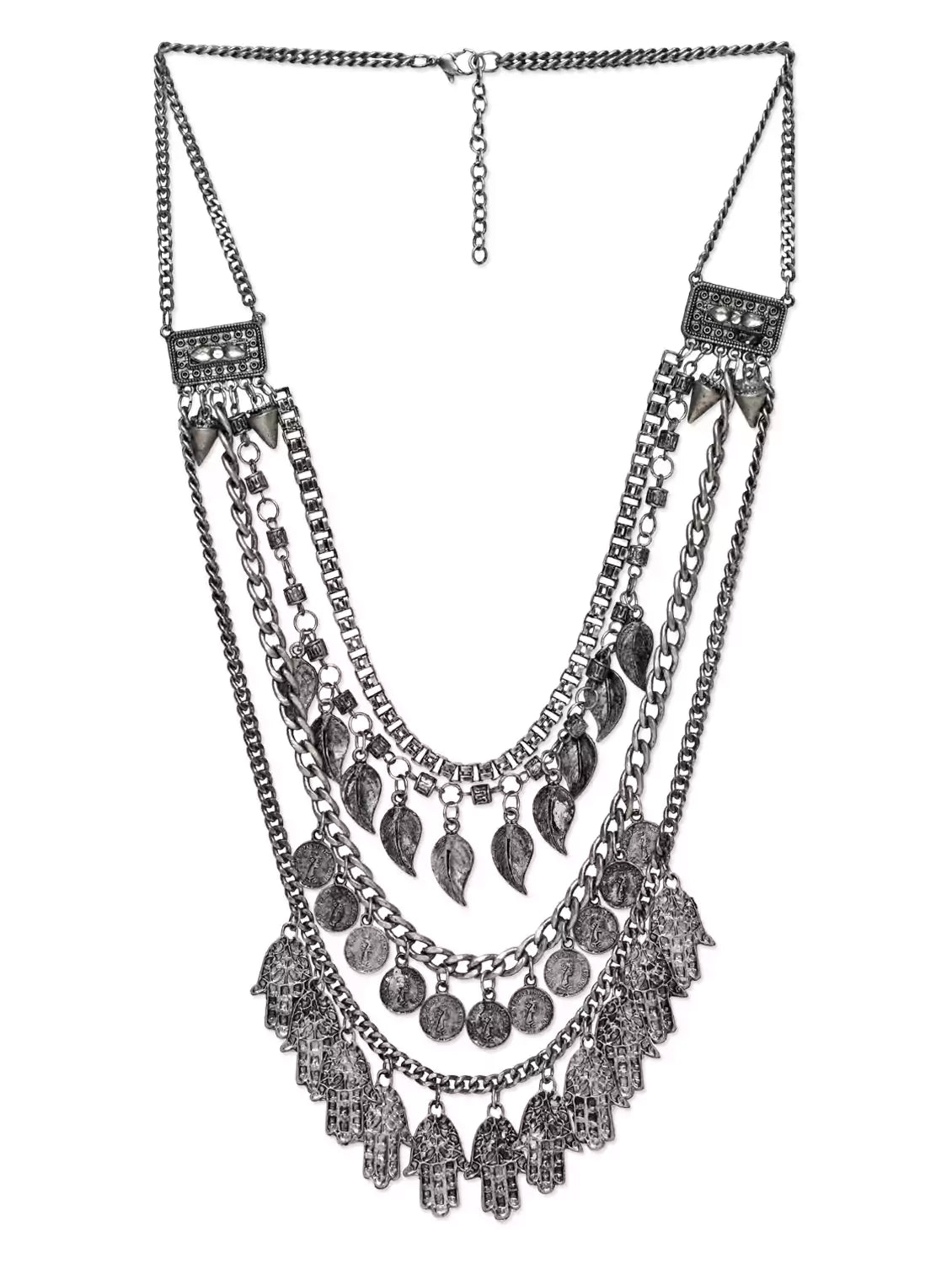 Silver-Plated Alloy Multi Layer Silver Oxidised Necklace - The Pari | Swadesiicart