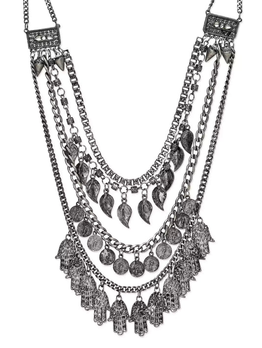 Silver-Plated Alloy Multi Layer Silver Oxidised Necklace - The Pari | Swadesiicart