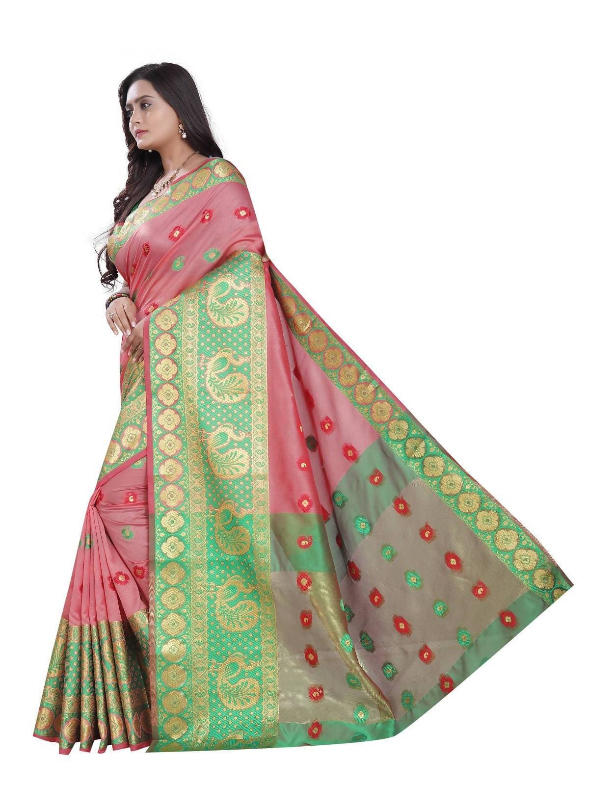 Vamika Banarasi Cotton Silk Peach Weaving Saree | Swadesiicart