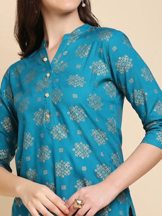 Anubhutee Blue & Golden Printed Kurti | Swadesiicart