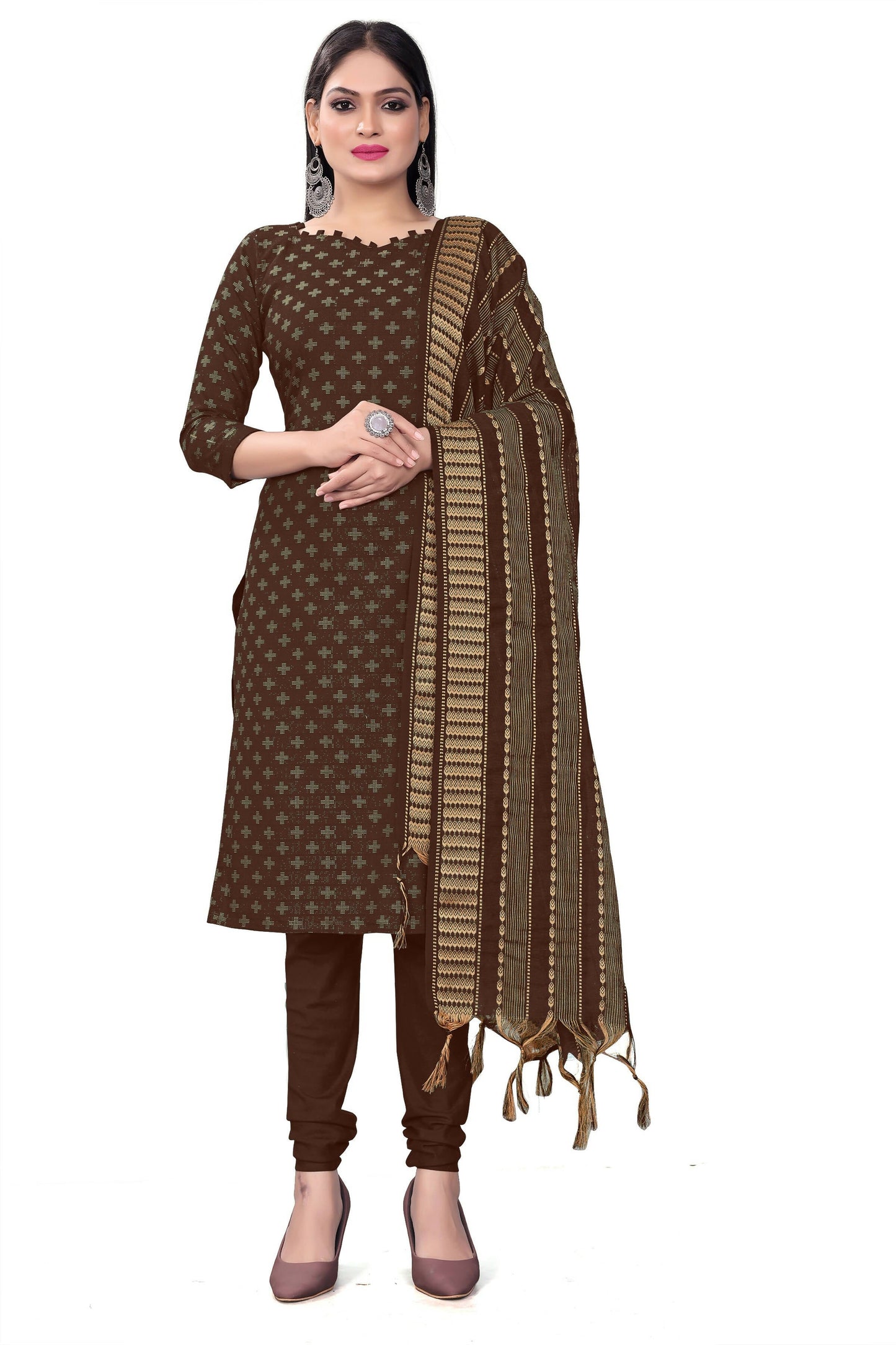 Brown Cotton Jacquard Woven Unstitched Dress Material - Amara