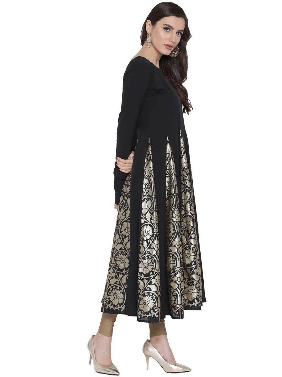 Ahalyaa Black Crepe Foil Printed Anarkali Kurta | Swadesiicart