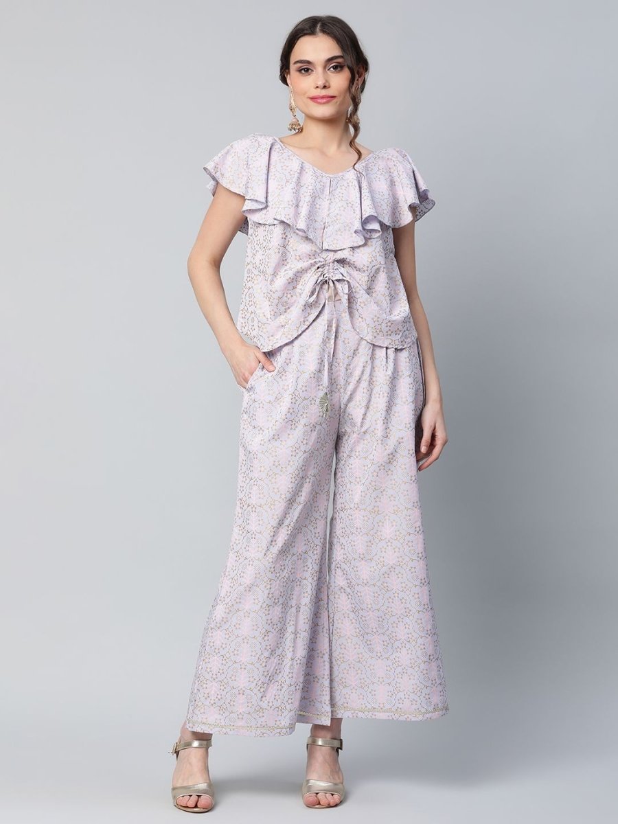 Ahalyaa Women Powder Blue Crepe Khari Printed Top with Palazzo Set | Swadesiicart