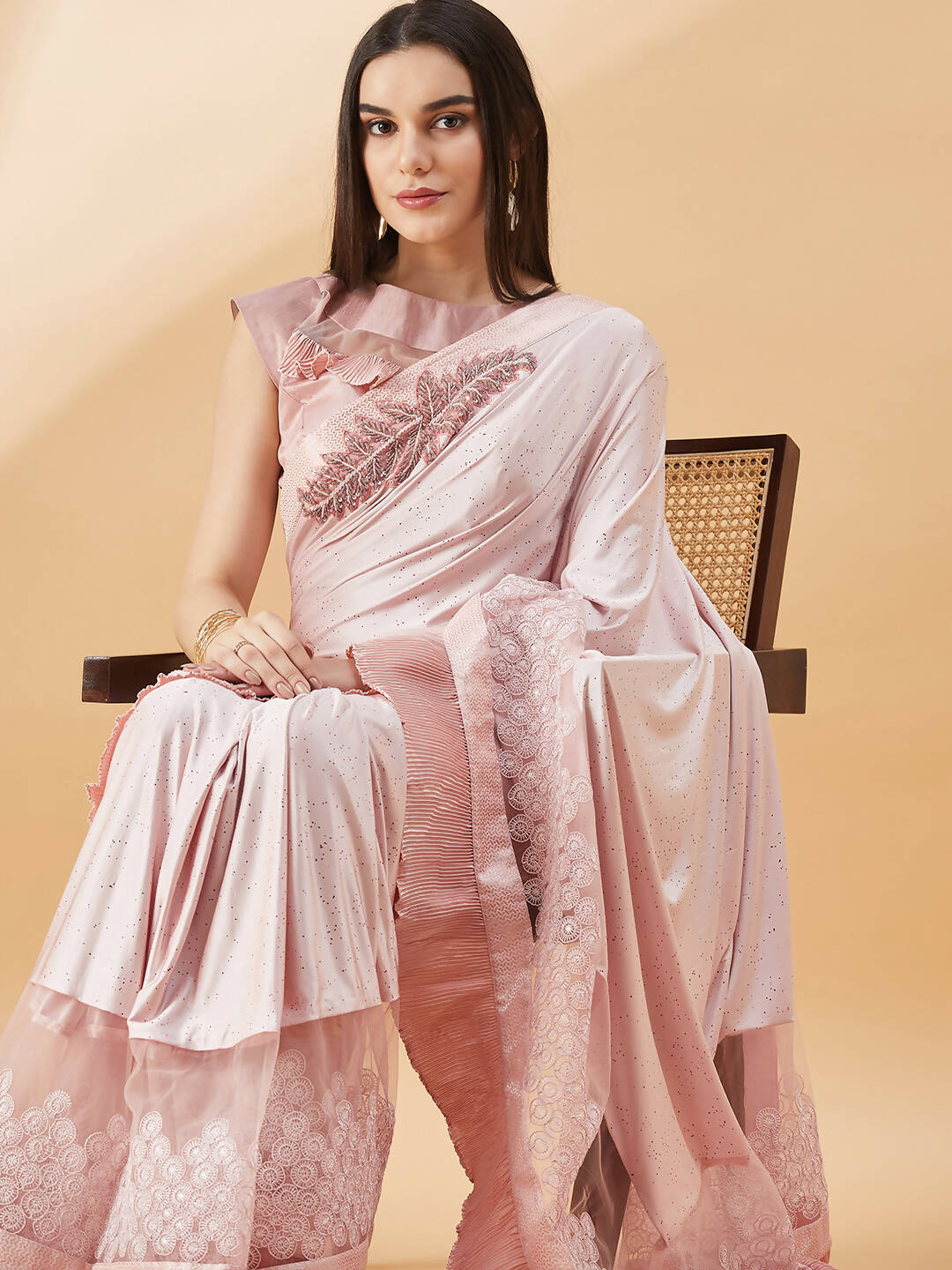Pink Lycra Frill Details, Hand Embroidered Brooch Saree - Norita Hit Design - Swadesiicart