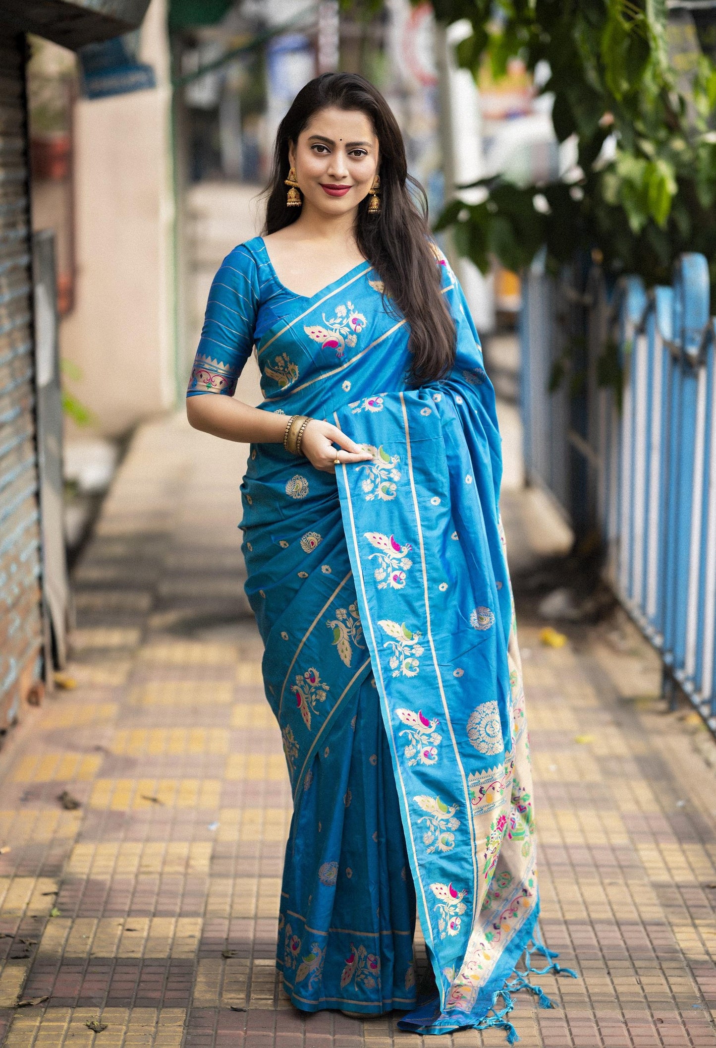 Blue Pure Silk Woven Design Saree with Unstitched Blouse - Hiral Fashion | Swadesiicart