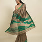 Suta Brown Green Zari Silk Cotton Maheshwari Saree | Swadesiicart