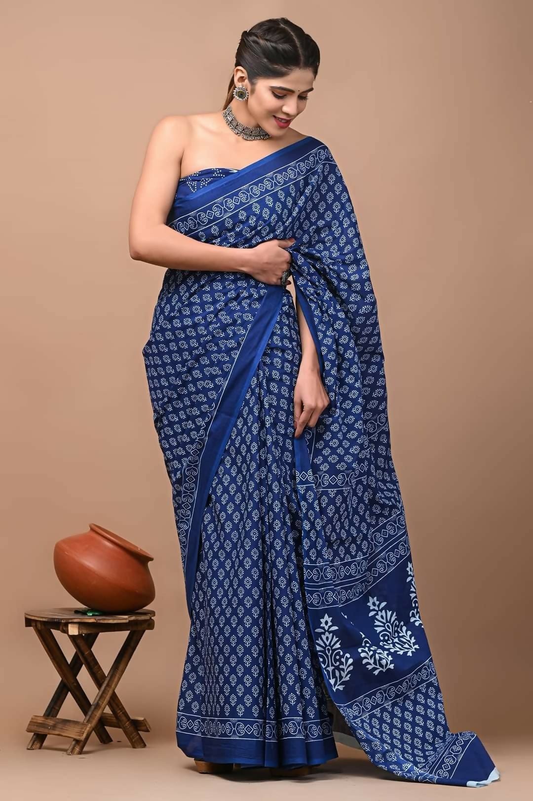 Exclusive Collection Blue Beautiful Mulmul Cotton Saree - Swadesiicart