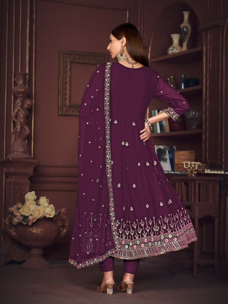 Jyoti Fashion Women's Purple Georgette Embroidered Anarkali Kurta Pant Set With Dupatta | Swadesiicart