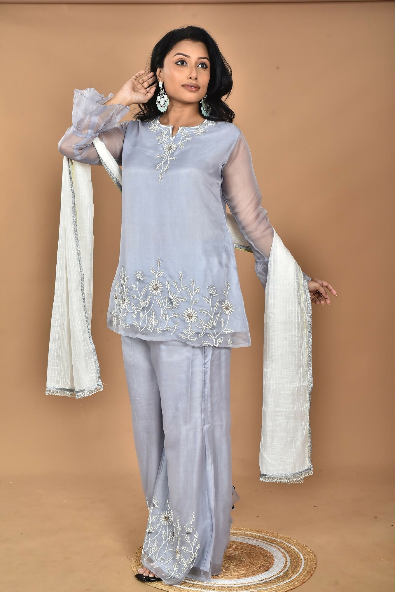 Morchari Women And Hand Embroidery Palazzo Set-Grey - Swadesiicart