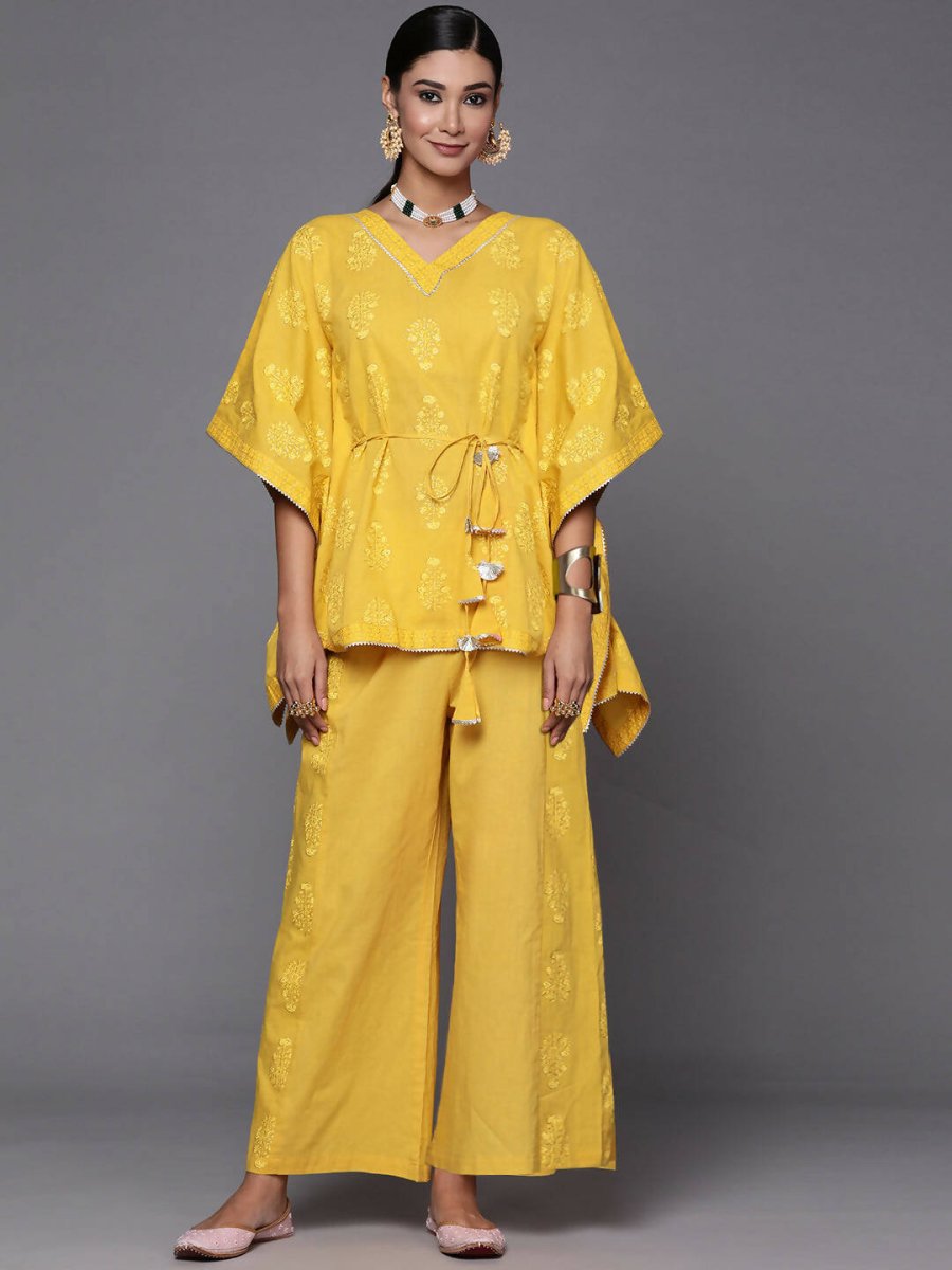 Ahalyaa Women Mustard Yellow Floral Printed Pure Cotton Co-Ords - Swadesiicart