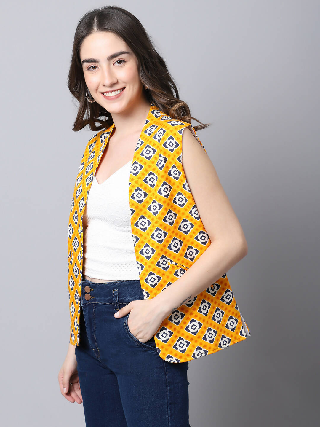 Even Apparels Yellow Viscose Rayon Open Front Women's Waistcoat | Swadesiicart