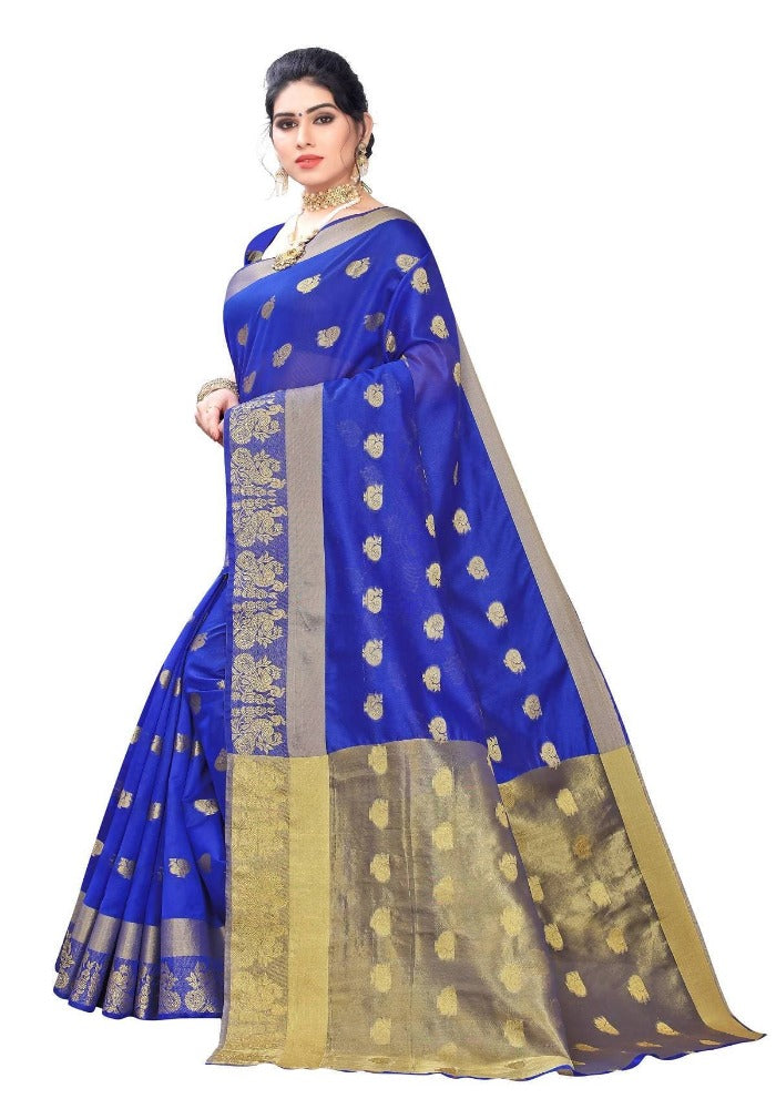 Vamika Banarasi Jacquard Weaving Blue With Gold Print Saree | Swadesiicart