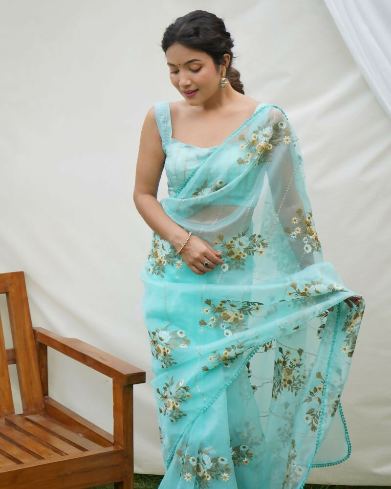Vamsee Anamika Sky Organza Silk Saree - Swadesiicart