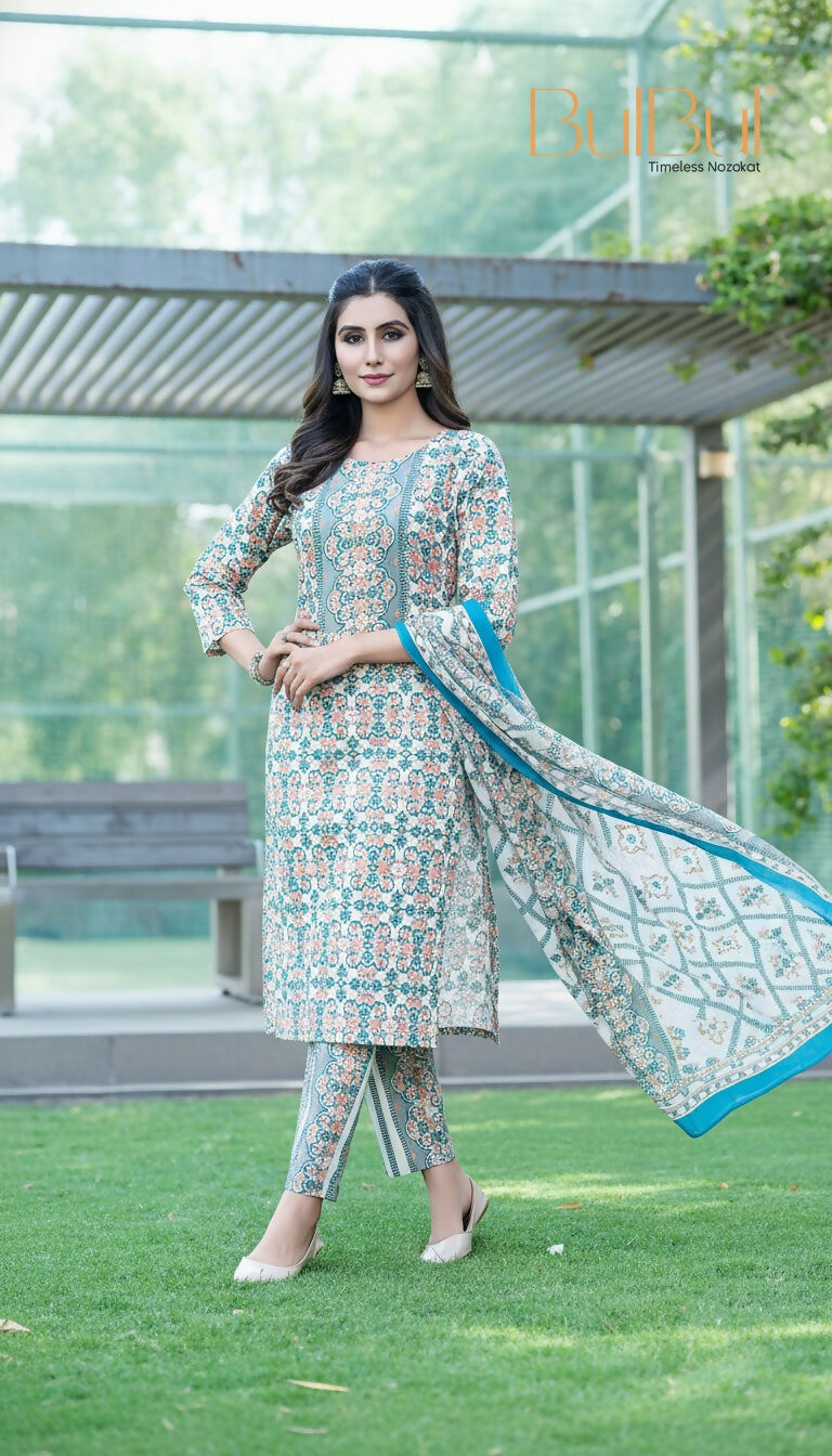 BulBul Fashionista Green-Blue Cotton Kurta Set with Dupatta - Swadesiicart