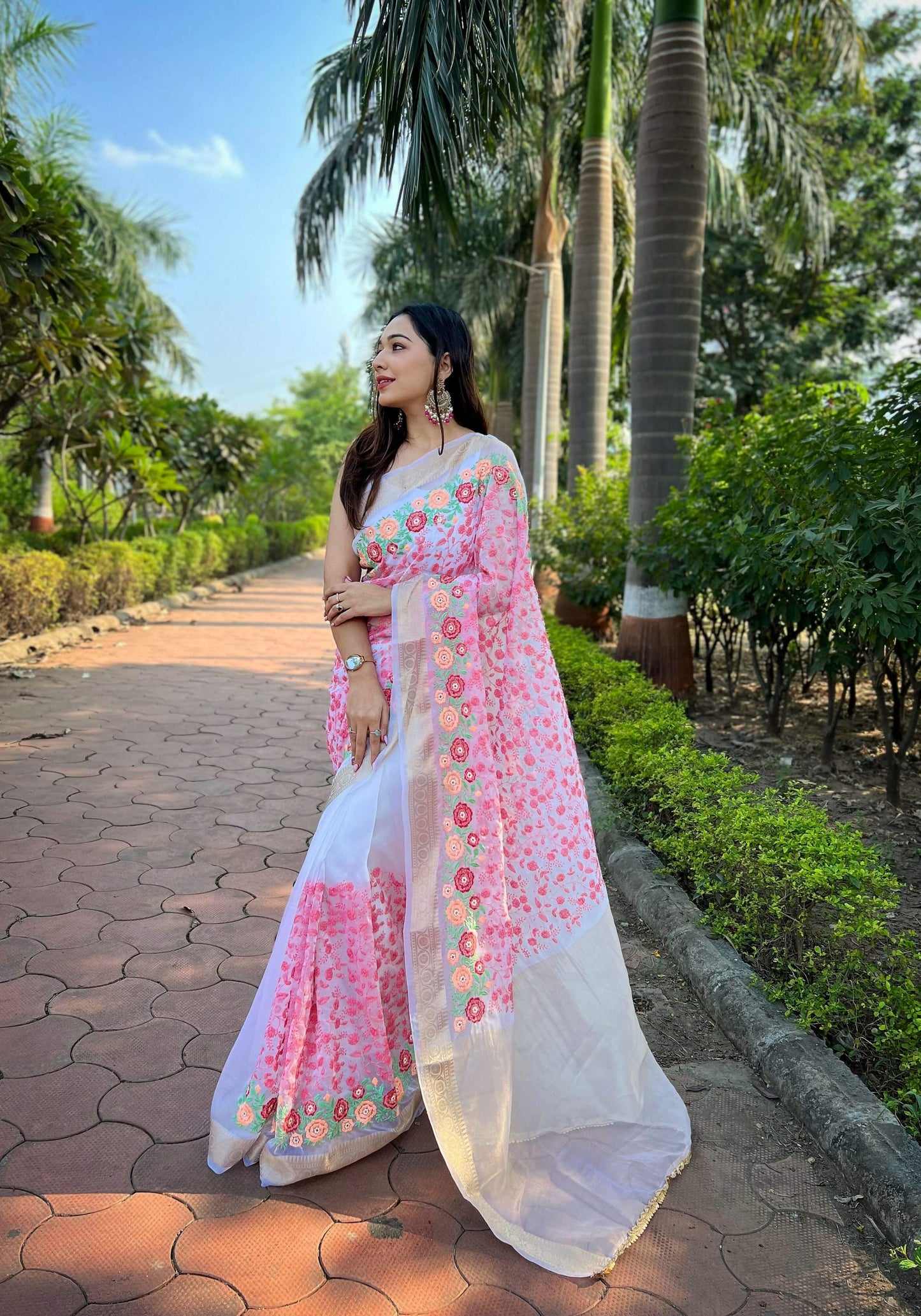 Vamsee Radhika Jaal Pink Organza Silk Saree - Swadesiicart