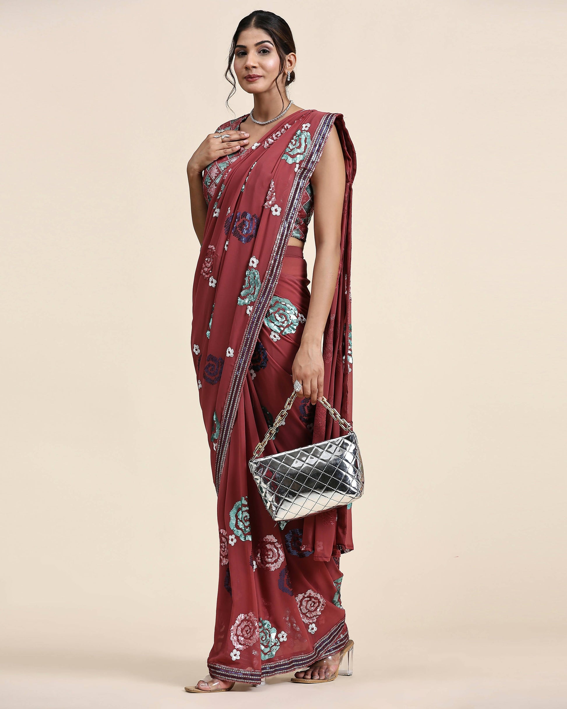 Peach Pure Georgette Sequence work Ready to wear Saree with stitched Blouse - Nirvana | Swadesiicart