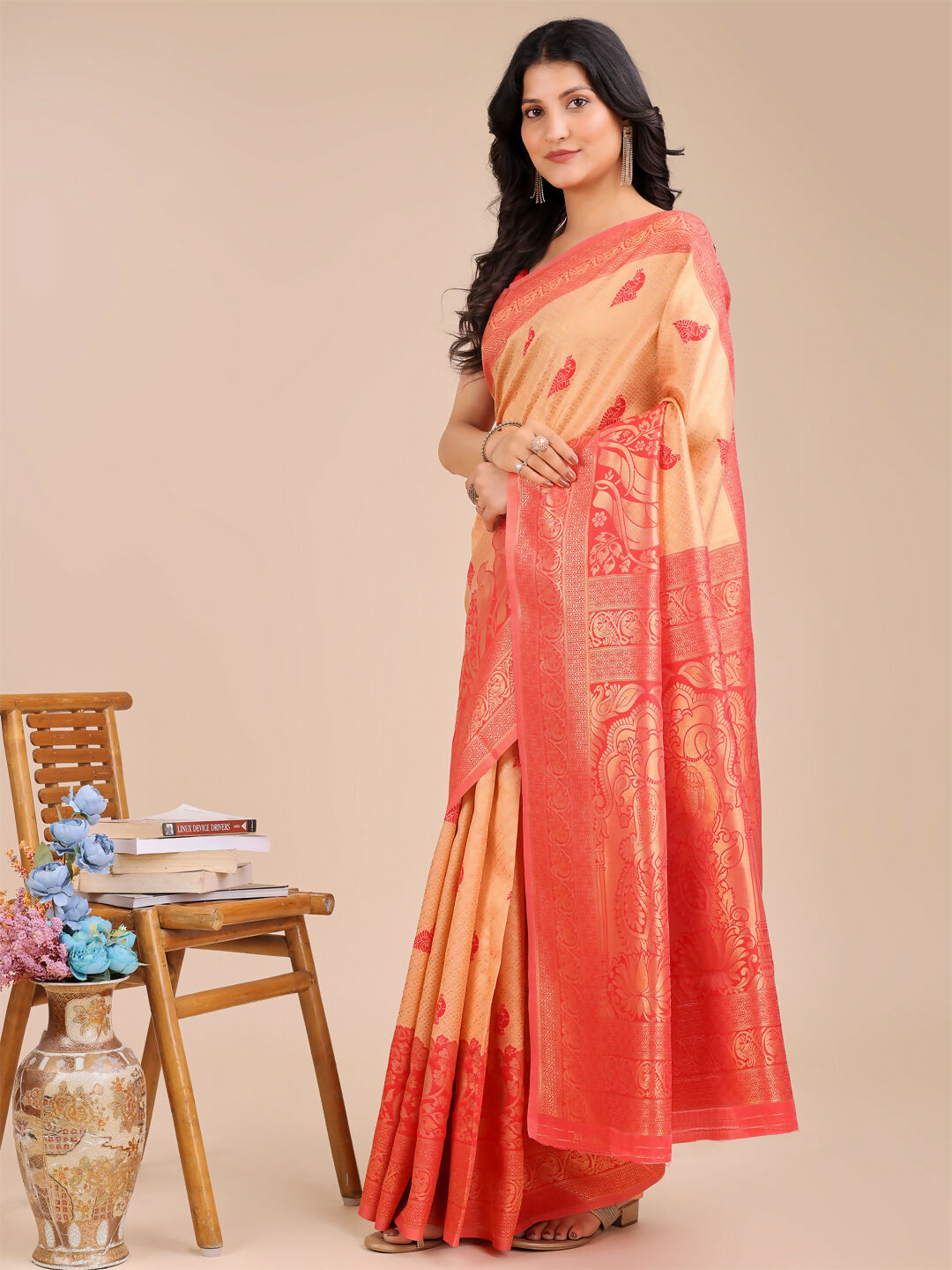 Astita Banarasi Silk Cream & Red Saree | Swadesiicart