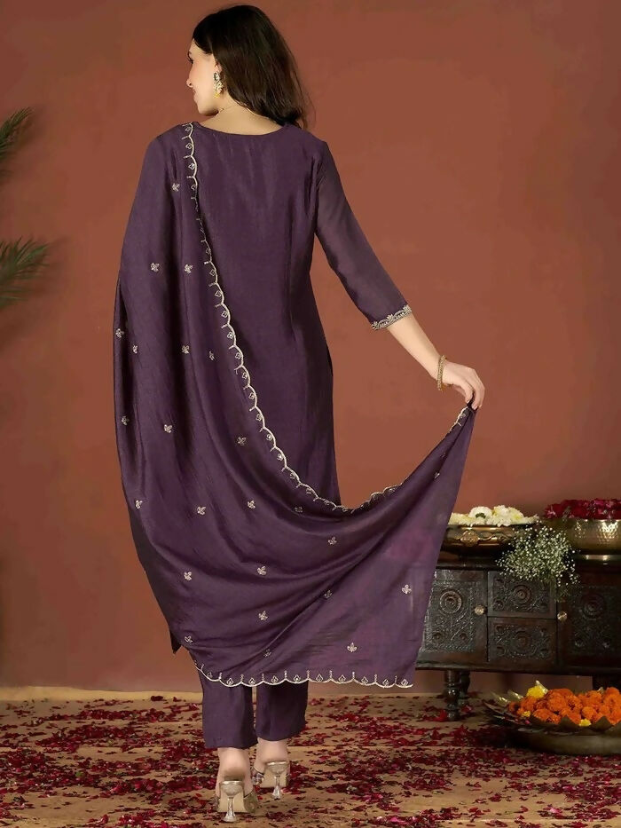 The52 Wine Women's Gorgeous Vichitra Fabric Embroidered Work Straight Kurta Pant and Dupatta Set - Swadesiicart