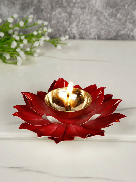 CraftVatika Red Lotus-Shaped Pooja Diya Oil Lamp | Swadesiicart