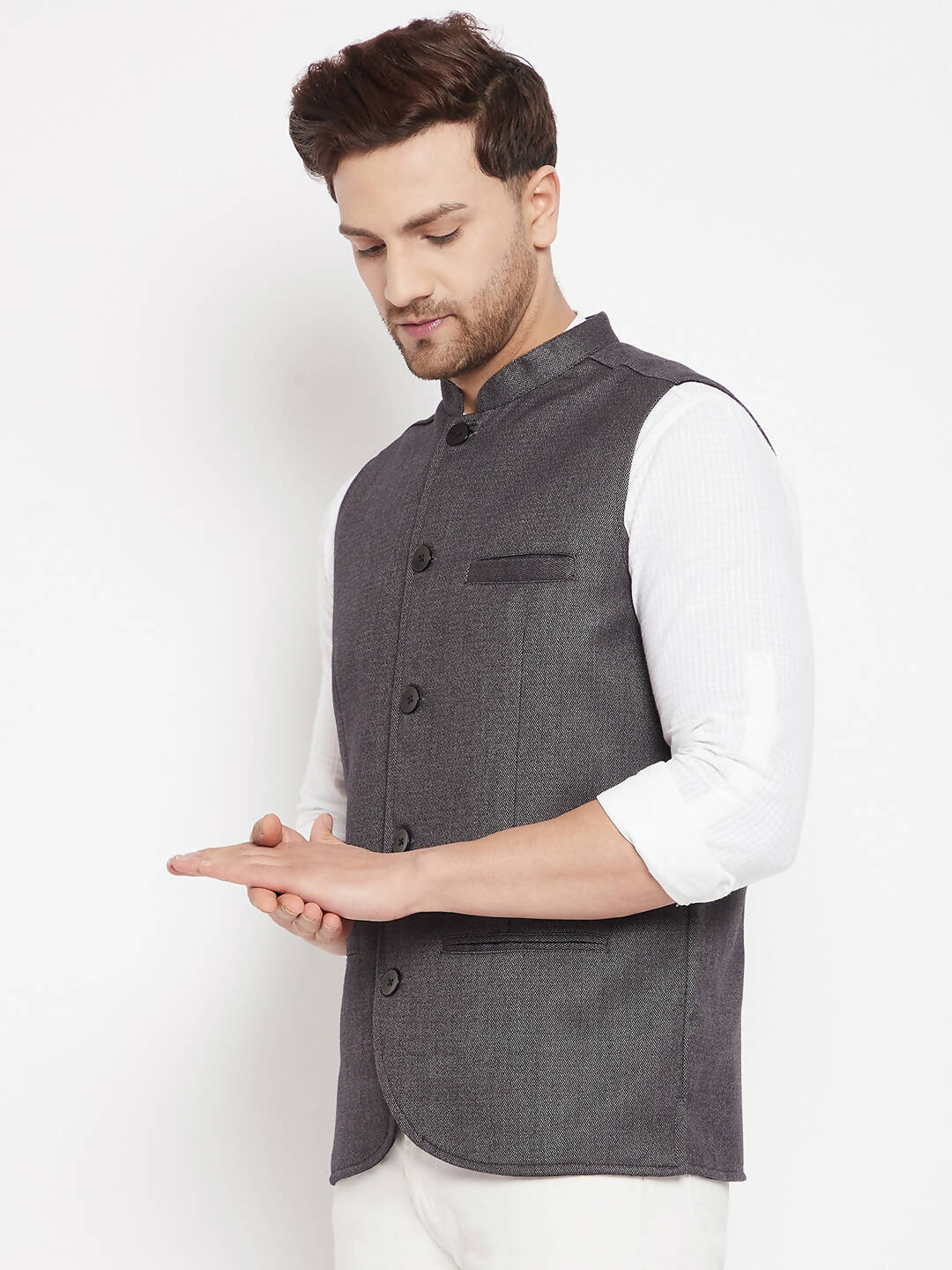 Even Apparels Grey Merino Men Woven Nehru Jacket PW685 | Swadesiicart