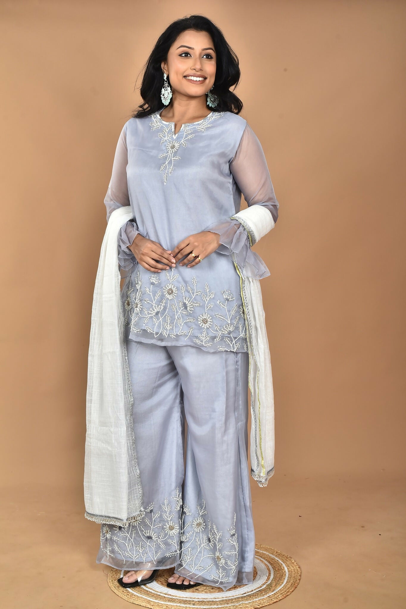 Morchari Women And Hand Embroidery Palazzo Set-Grey - Swadesiicart