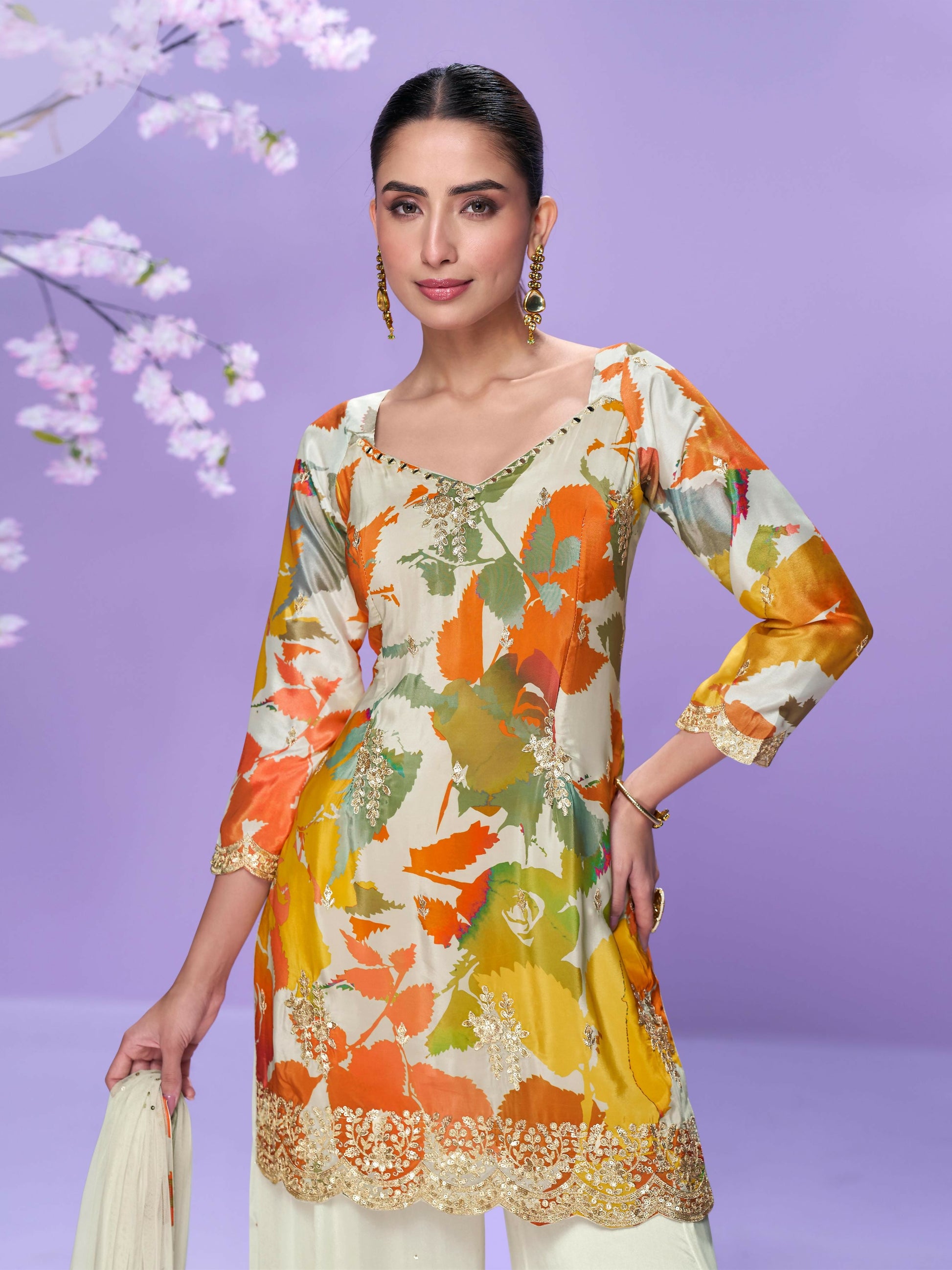Anaita White Chinon Readymade Palazzo Suit with Digital Embroidery Work