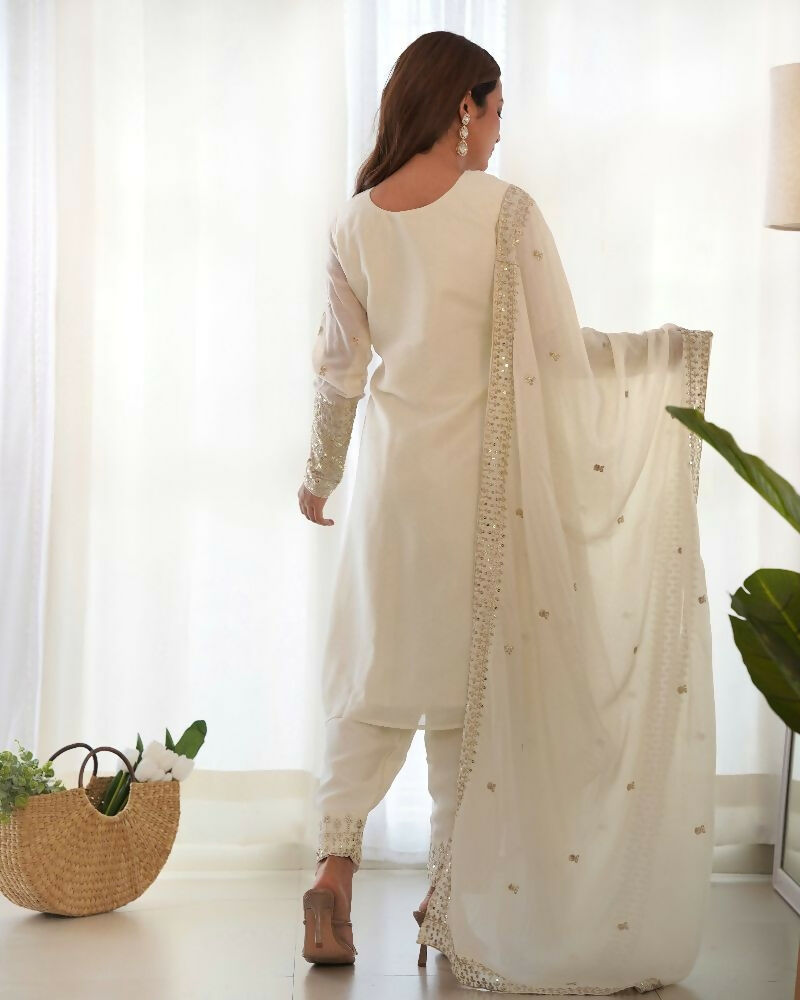Joban Fashion White Kurta Set Silk Sequence Embroidery Work - Swadesiicart