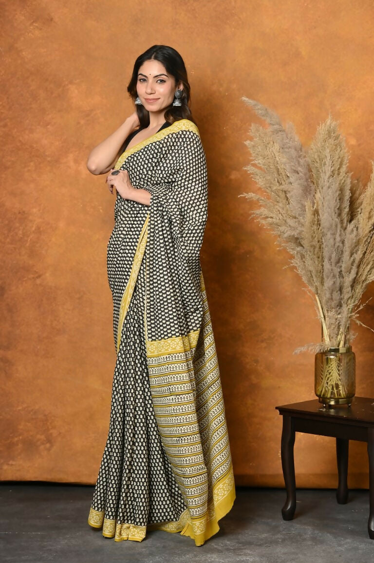 Very Much Indian Handblock Printed Cotton Saree With Natural Dyes - Black & White | Swadesiicart