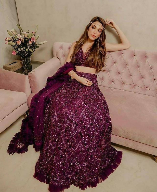 Jyoti Fashion Women's Wine Velvet Thread with Sequins & Ruffle Border Work Designer Lehenga Choli Set | Swadesiicart