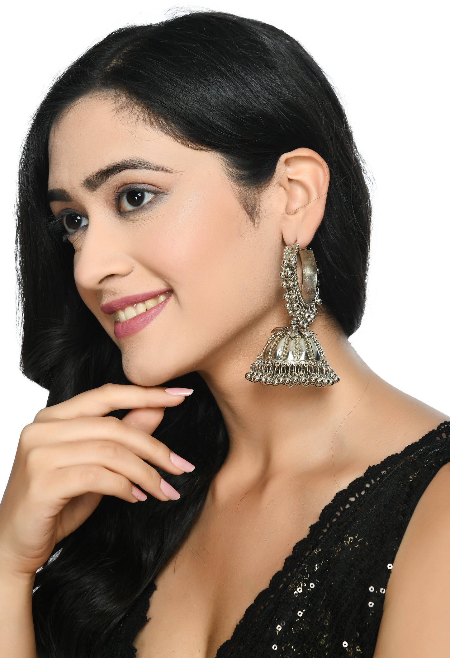 Mominos Fashion Johar Kamal Oxidised Silver-Plated With Ghungroo Jhumkas - Swadesiicart