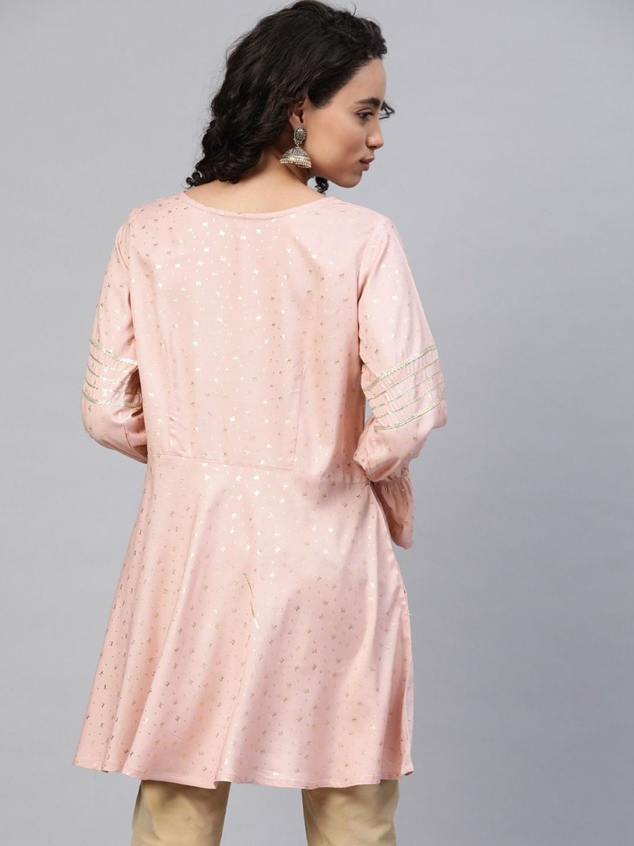 Ahalyaa Women Pink Rayon Golden Ethnic Print Tunic | Swadesiicart