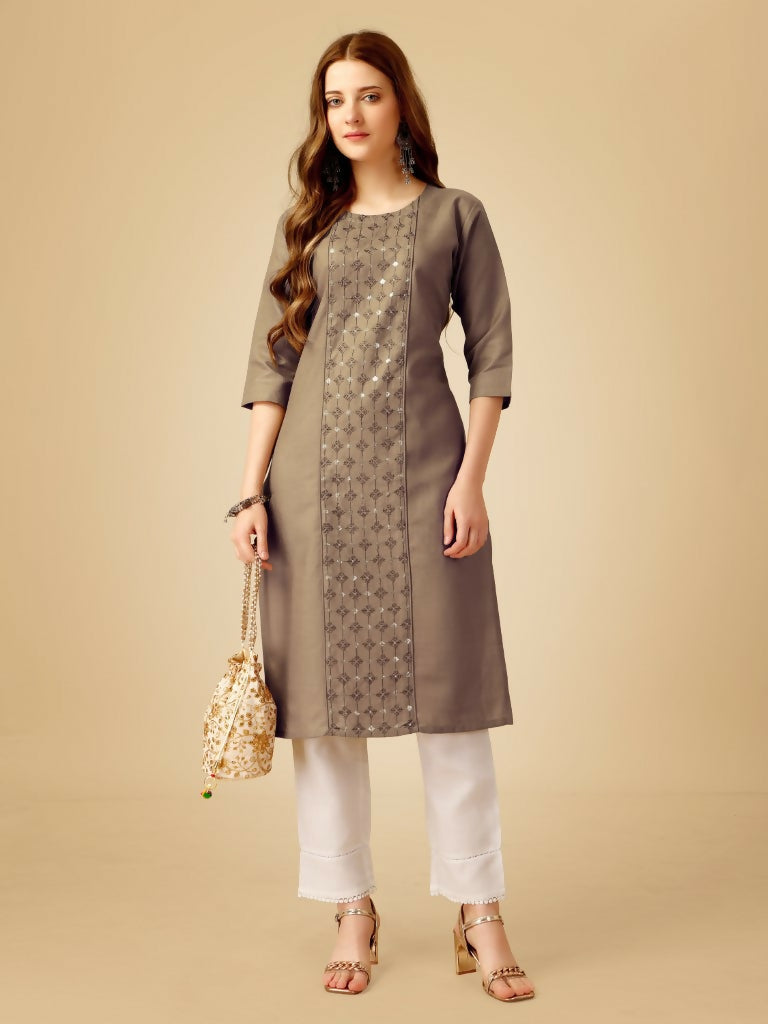 Jyoti Fashion Women's Khaki Cotton Blend Embroidered Kurta Pant Set | Swadesiicart