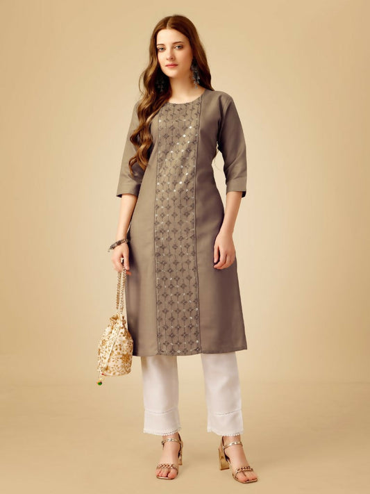 Jyoti Fashion Women's Khaki Cotton Blend Embroidered Kurta Pant Set
