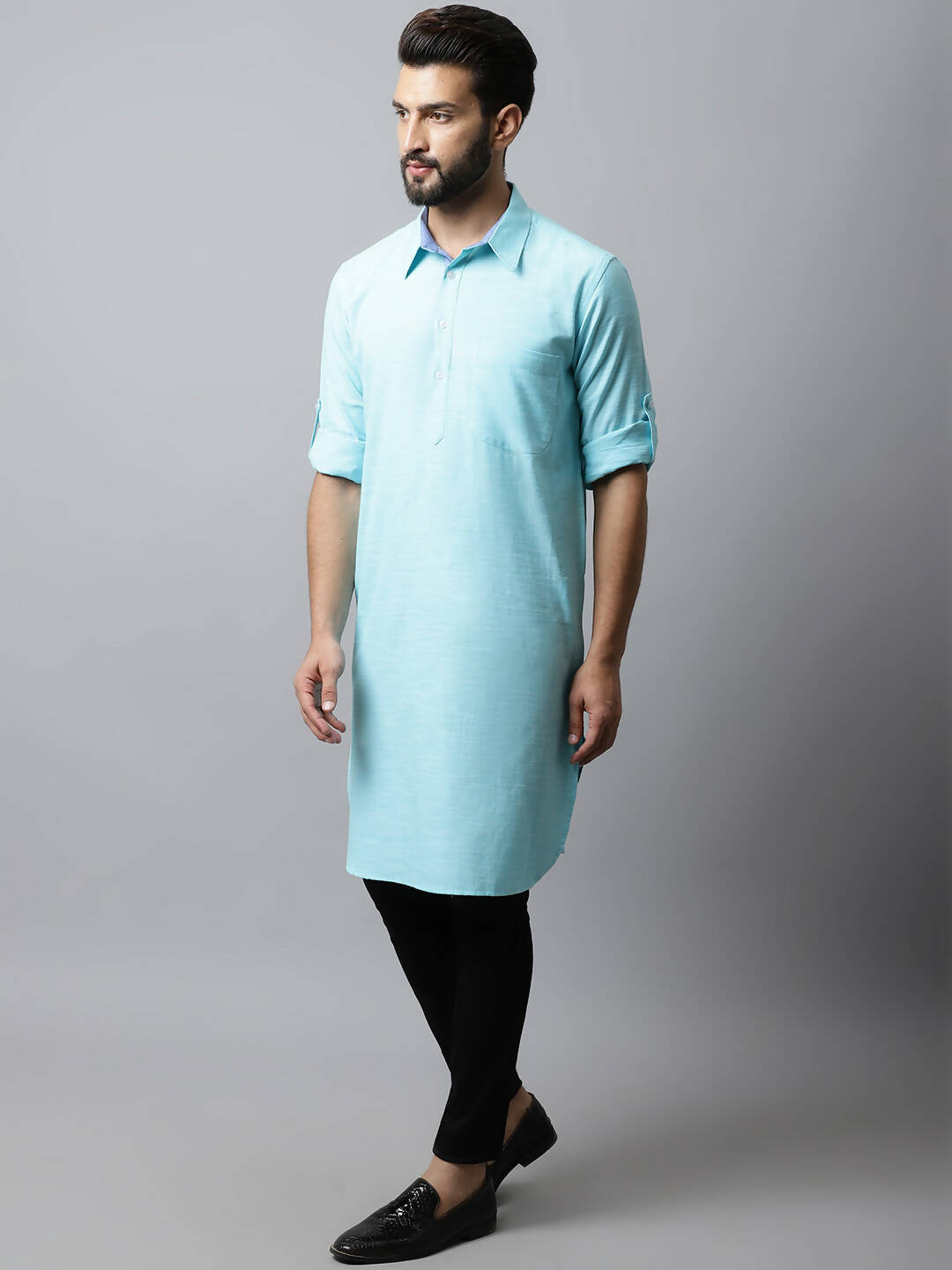 Even Apparels Blue Color Pure Cotton Solid Men's Kurta With Shirt Collar (SLD1132) | Swadesiicart