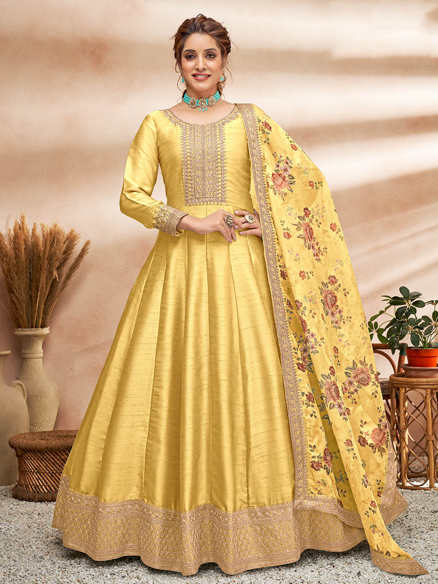 Myra Yellow Art Silk Embroidered Anarkali Suit | Swadesiicart