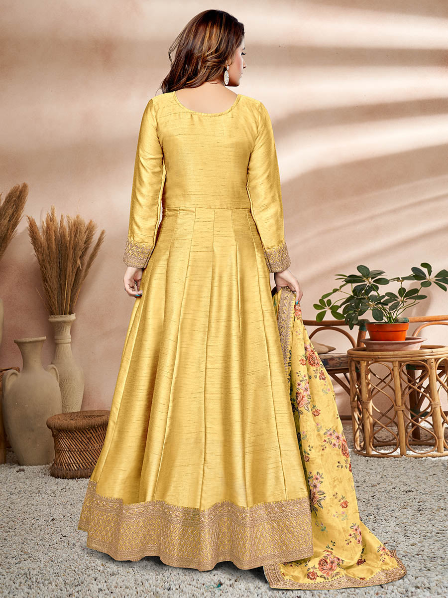 Myra Yellow Art Silk Embroidered Anarkali Suit | Swadesiicart