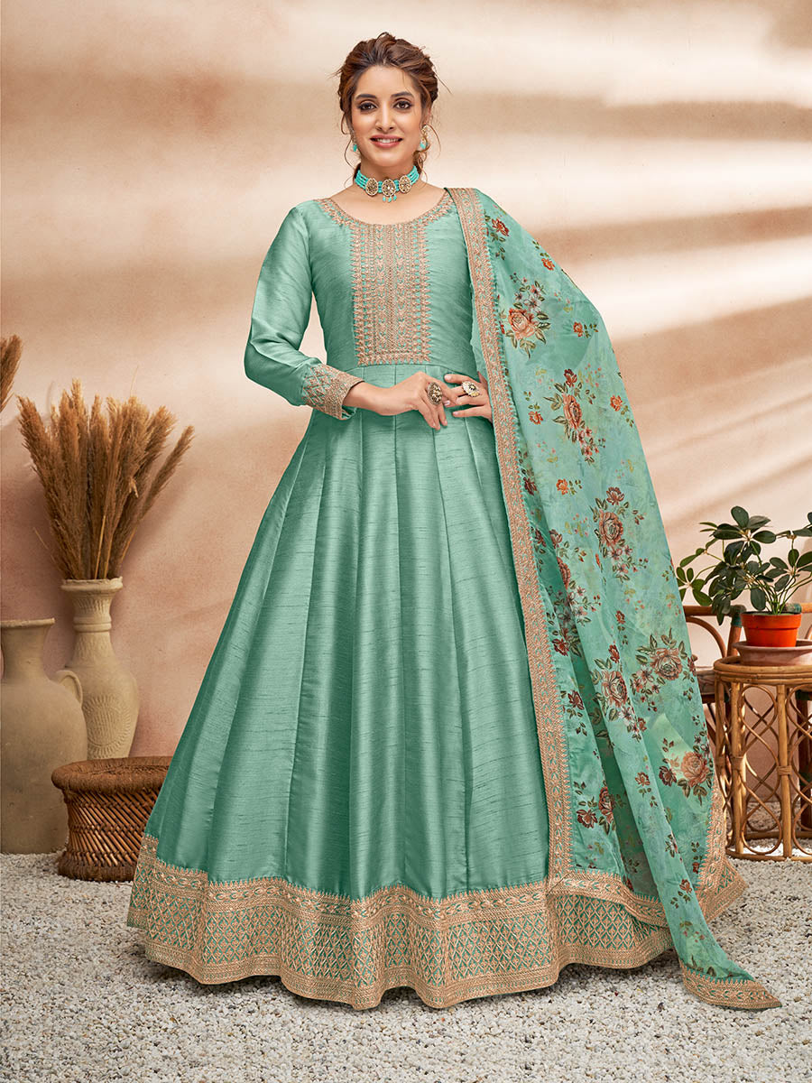 Myra Sea Green Art Silk Embroidered Anarkali Suit | Swadesiicart