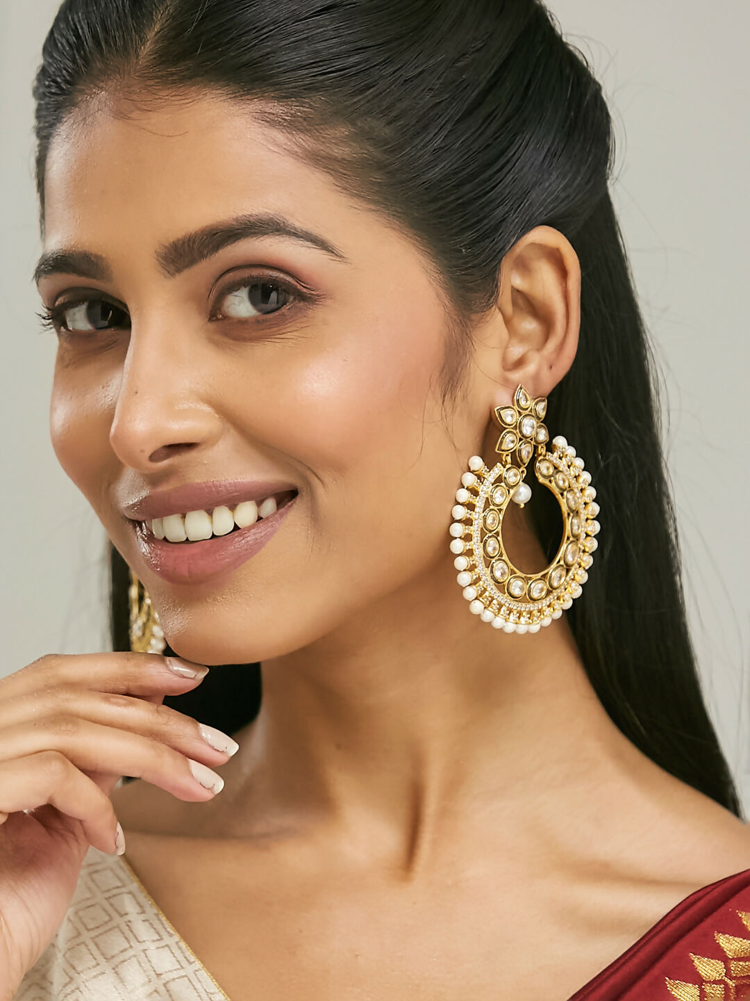 Nuyug 22K Gold-Plated Kundan Studded & Pearl Beaded Floral Chandbali Earrings | Swadesiicart