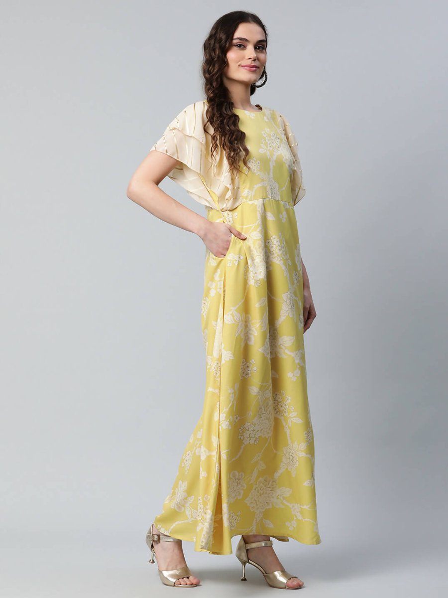 Ahalyaa Womens Lemon Yellow Crepe Floral Dress | Swadesiicart