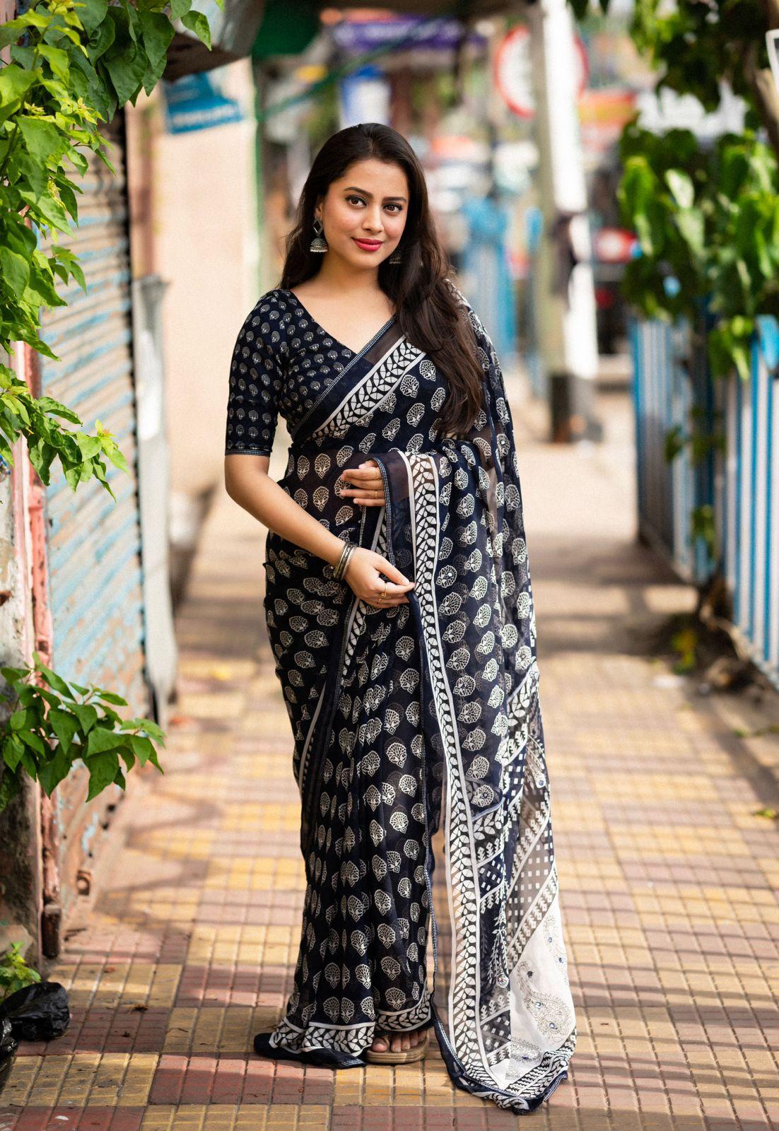 Navy Blue Poly Georgette Ajrak Saree with Unstitched Blouse - Hiral Fashion | Swadesiicart