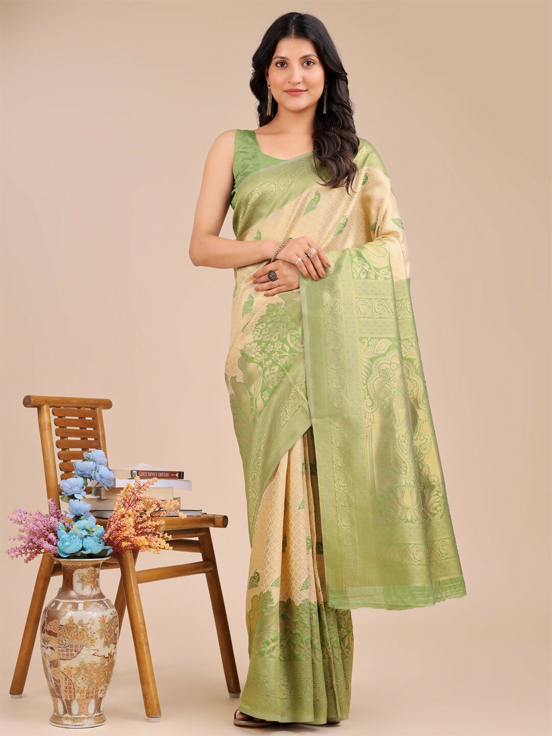 Astita Banarasi Silk Cream & Light Green Saree | Swadesiicart