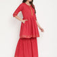Ahalyaa Women's Red Cotton Gold Print Kurta Sharara Set | Swadesiicart