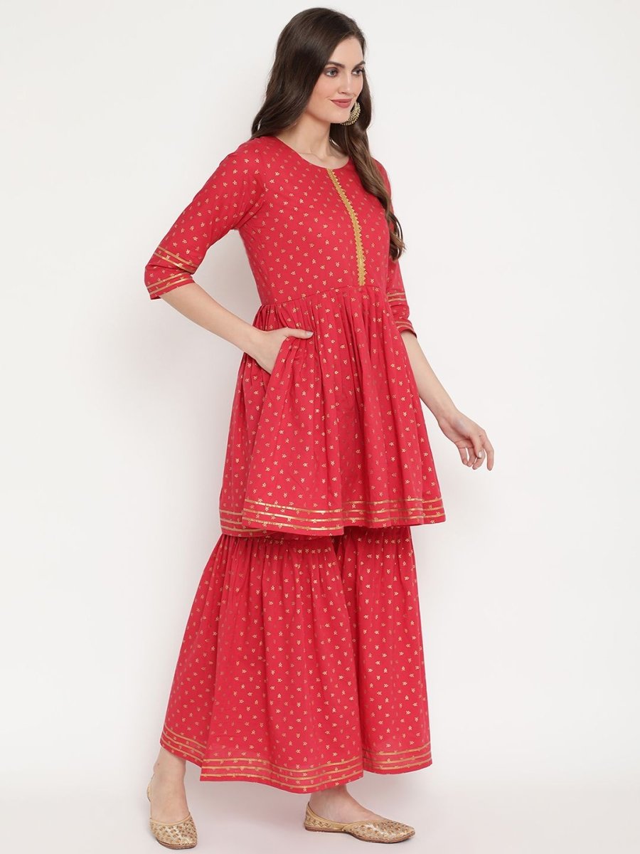 Ahalyaa Women's Red Cotton Gold Print Kurta Sharara Set | Swadesiicart