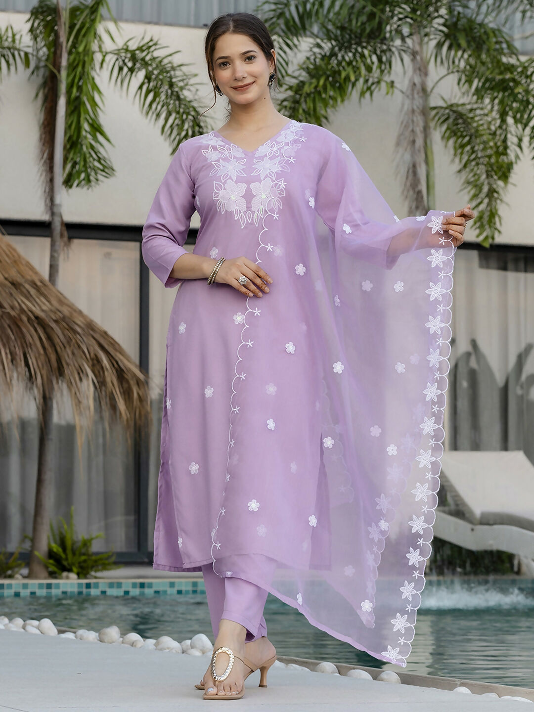 The52 Lavender Women's Beautiful Thread work Rayon Fabric with Straight Kurta, Pant and Dupatta Set - Swadesiicart