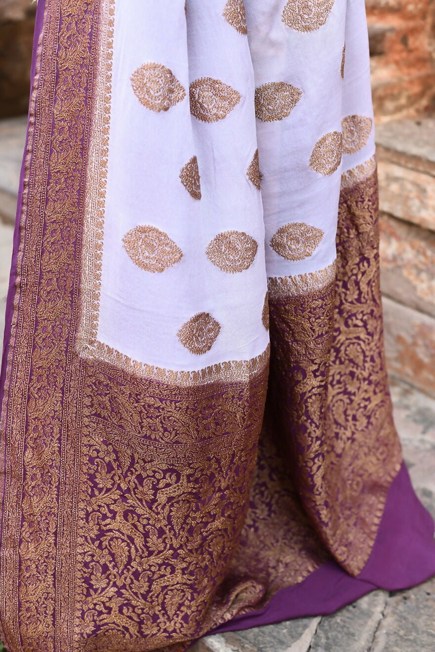 Joban Fashion Light Purple Crepe Chiffon Pure Handloom Banarasi Silk Saree | Swadesiicart