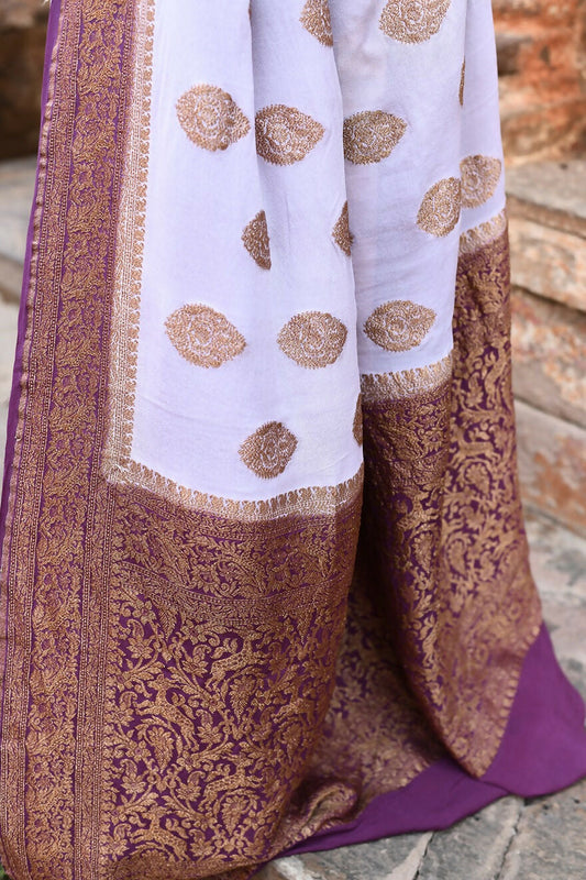 Joban Fashion Light Purple Crepe Chiffon Pure Handloom Banarasi Silk Saree | Swadesiicart