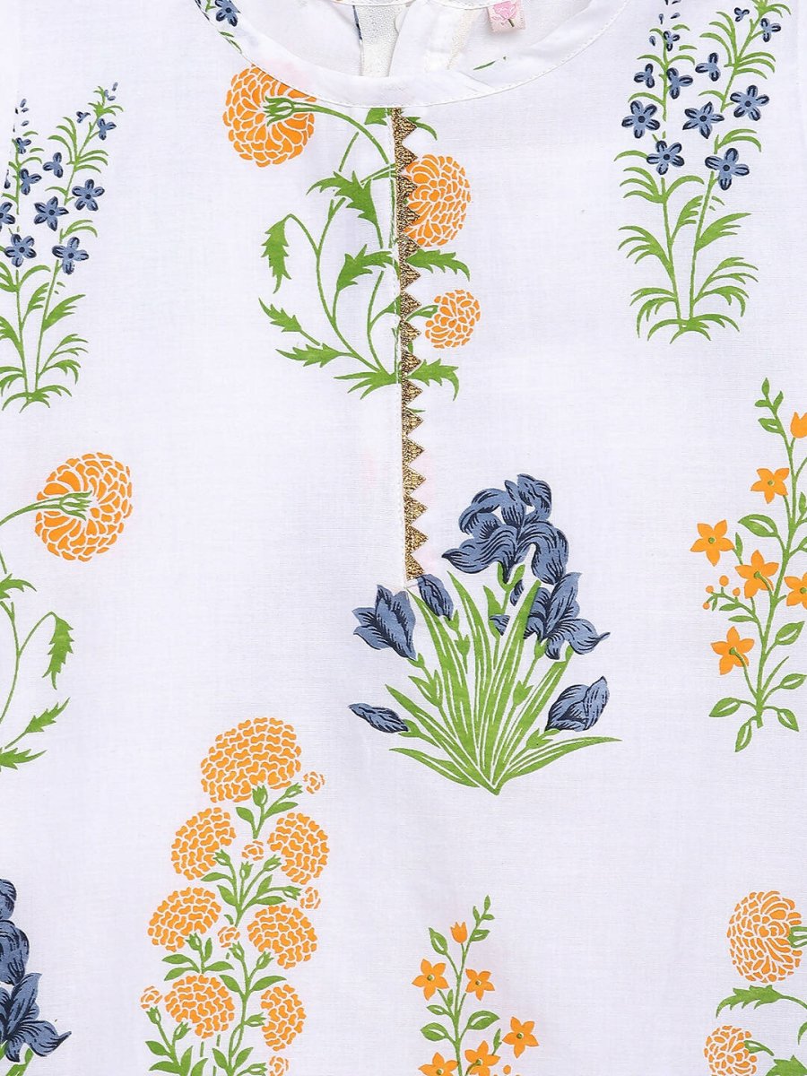 Ahalyaa White Cotton Straight Floral Printed Kids Kurta Pant Sets With Dupatta For Girls | Swadesiicart