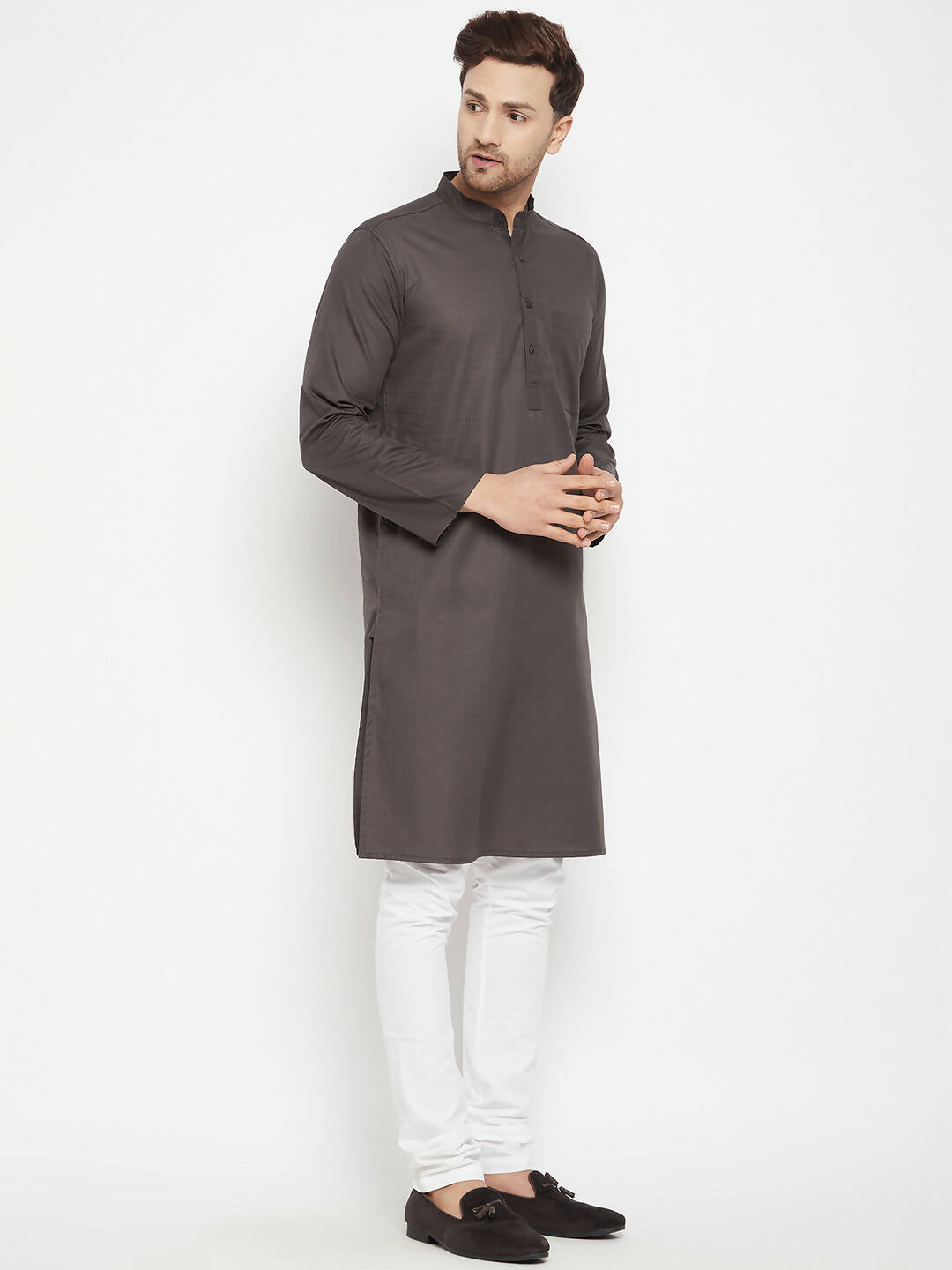 Even Apparels Brown Color Pure Cotton Long Men's Kurta With Band Collar | Swadesiicart