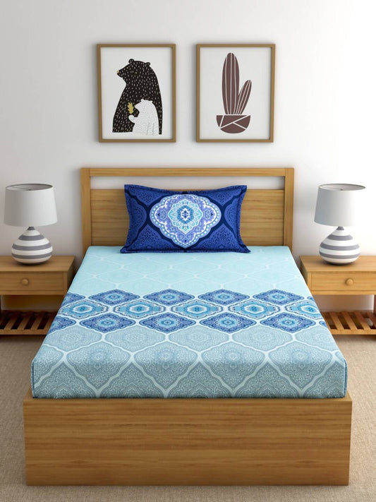 Dreamscape Blue Ethnic 144 TC Cotton Bedsheet with Reversible Pillow Covers - Swadesiicart